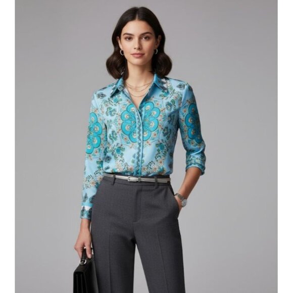 NWT Rachel Zoe Blue Floral Button Front Long Sleeve Blouse Women's Size Medium - Picture 6 of 12